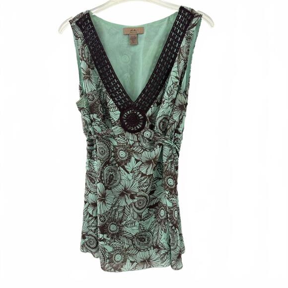 Tops - Vintage i.e Green & Brown Silk Boho Crochet V-Neck Sleeveless Tank- Size PL